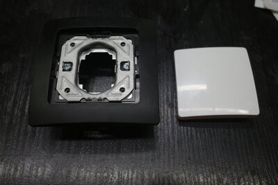 Zuerst das große Metallteil gerade in die Dose schrauben. Dann kommt der Rahmen drauf und wird vom kleinen Metallteil mitgehalten. Die Kunststoffabdeckung hält jetzt aber nicht mehr, weil sie ursprünglich an der Wippe des Schalters befestigt wurde, die ja jetzt nicht mehr da ist.